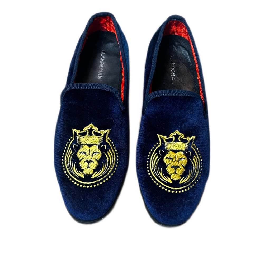 Elanroman Men’s Blue Velvet Lion Embroidered Loafers Size EUR 41/ US 8